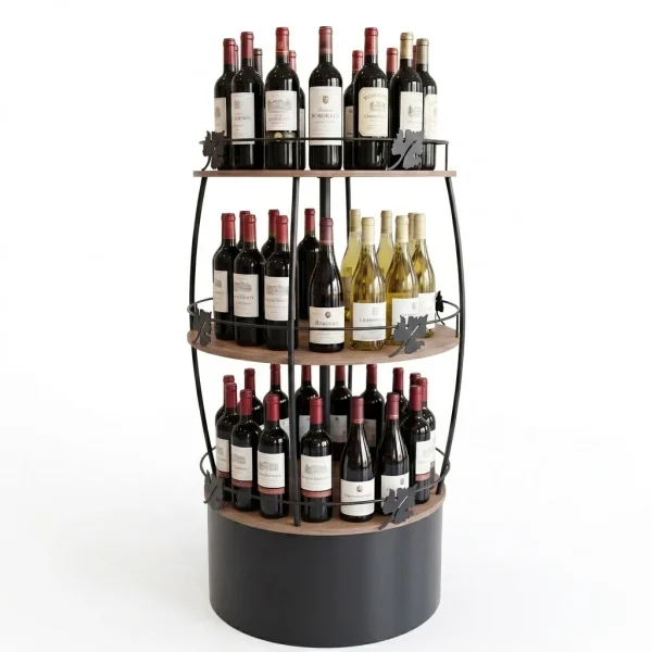 3 Tier Full Barrel Display Unit | Metal Frame & Wood Shelves | Wine & Retail Merchandiser