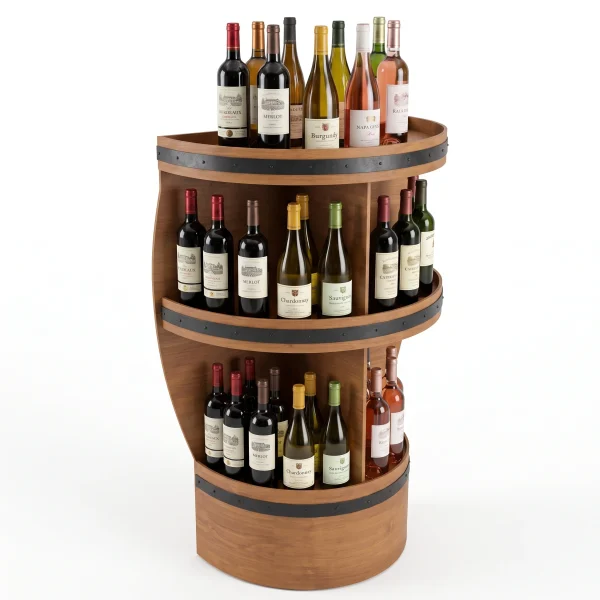 3 Tier Half Barrel Free-Standing Display Unit | Rustic Wine Rack & Retail Shelf