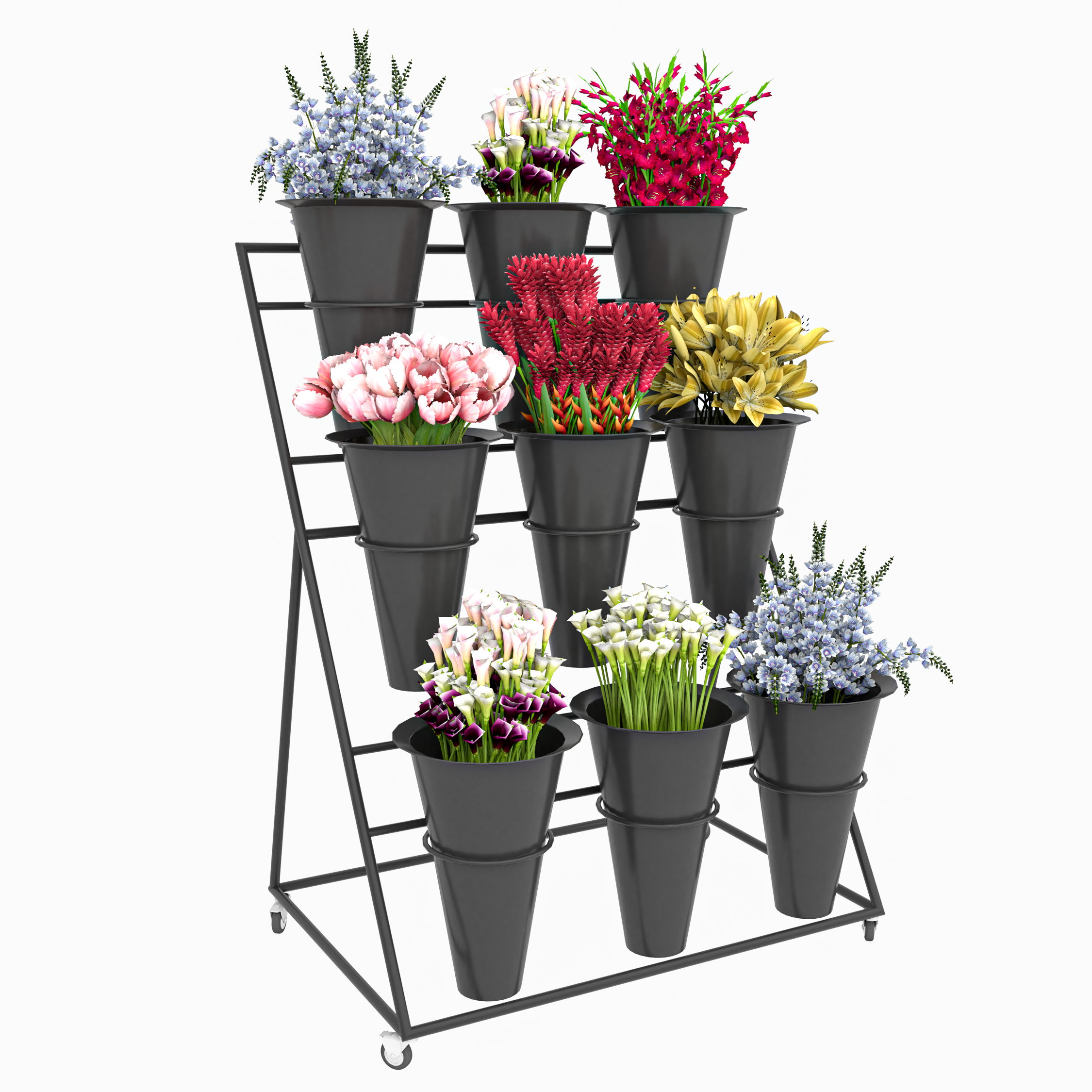 3 Tier Black Bucket Flower Display Stand with Castors | 9-Bucket Florist Stand L750 x W539 x H1161mm
