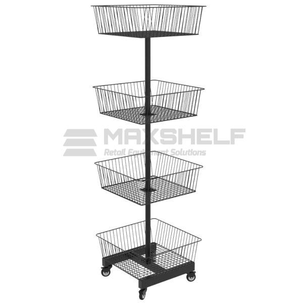 4 Tier Square Wire Basket Tower Display Stand on Castors – Black