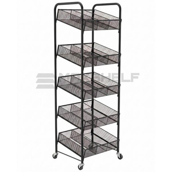 5 Tier Slant Wire Mesh Basket Display Stand on Castors – Black